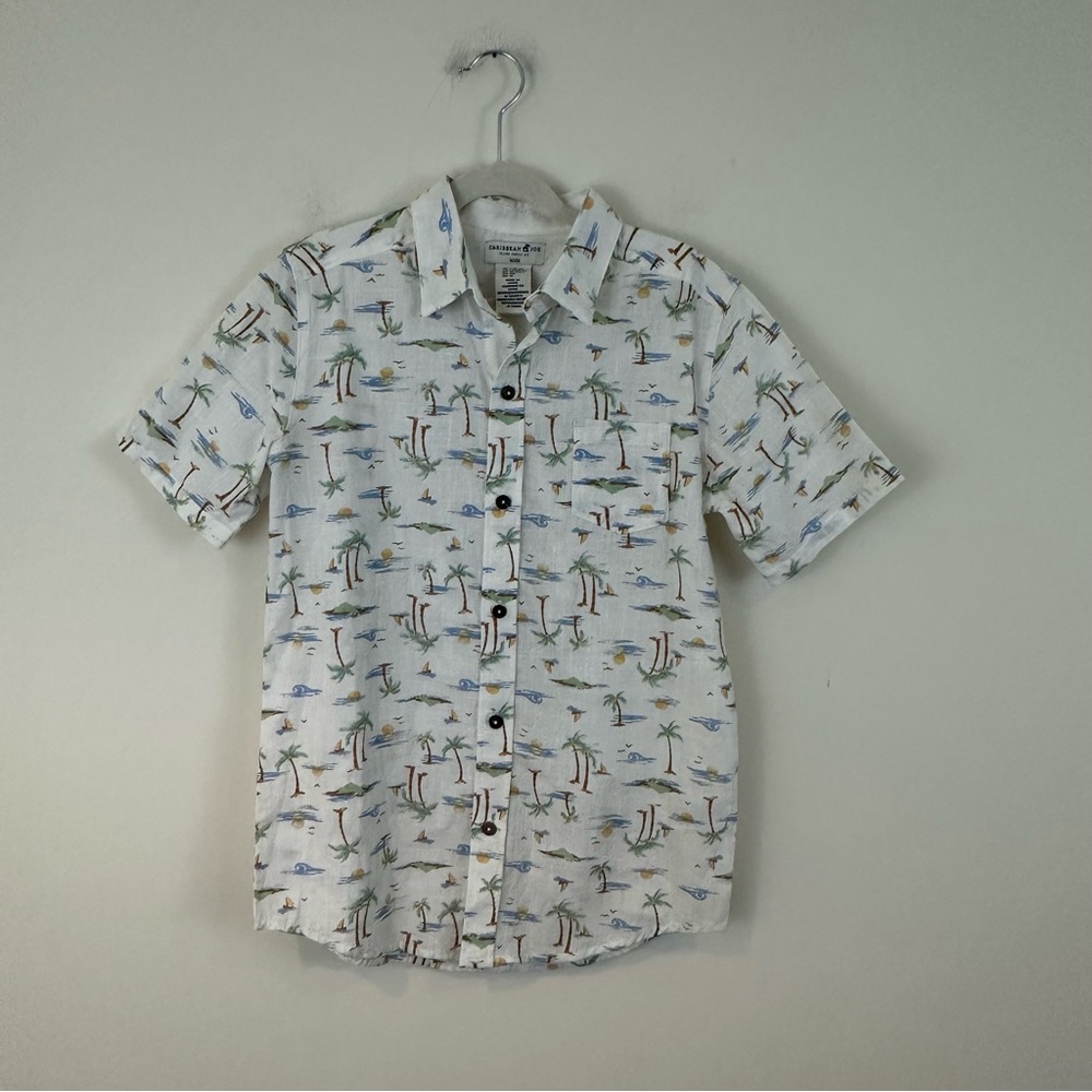 Caribbean Joe Kids White Tropical Print Button-Up Shirt Size Large Boys'